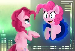 Size: 1593x1080 | Tagged: safe, artist:darksly, artist:isaac_pony, imported from derpibooru, pinkie pie, earth pony, pony, bipedal, collaboration, cute, diapinkes, duality, happy, looking at each other, self ponidox, smiling, solo