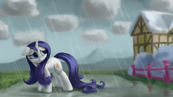 Size: 4000x2250 | Tagged: safe, artist:flusanix, imported from derpibooru, rarity, pony, unicorn, magical mystery cure, alternate cutie mark, blue eyes, checkered clouds, daytime, female, fence, floppy ears, hair physics, high res, horn, house, long mane, mare, outdoors, rain, sad, scene interpretation, solo, standing, swapped cutie marks, wet, wet mane, wet mane rarity