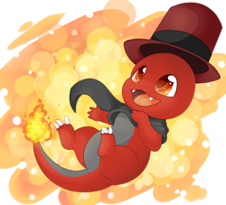 Size: 3118x2834 | Tagged: safe, artist:schokocream, imported from derpibooru, oc, oc only, oc:toonkriticy2k, charmander, pony, abstract background, clothes, hat, high res, male, open mouth, pokefied, pokémon, scarf, smiling, solo, species swap, top hat