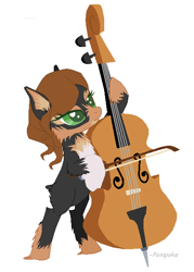 Size: 454x633 | Tagged: safe, artist:ponipoke, imported from derpibooru, oc, oc only, earth pony, pony, bipedal, cello, chest fluff, fluffy, green eyes, hoof hold, musical instrument, signature, simple background, solo, white background