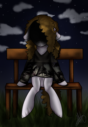 Size: 662x965 | Tagged: safe, artist:millefaller, imported from derpibooru, oc, oc only, earth pony, pony, bench, clothes, cloud, earth pony oc, female, hair over eyes, mare, outdoors, sitting, solo