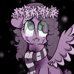 Size: 887x887 | Tagged: safe, artist:millefaller, imported from derpibooru, oc, oc only, pegasus, pony, clothes, colored wings, crying, eye clipping through hair, eyelashes, female, floral head wreath, flower, mare, pegasus oc, scarf, smiling, solo, two toned wings, wings