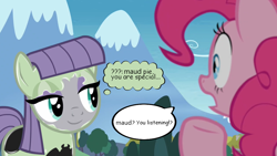 Size: 1064x598 | Tagged: safe, artist:14oliverhedgehog, artist:barrelslover, edit, edited screencap, imported from derpibooru, screencap, maud pie, pinkie pie, earth pony, pony, blue eyes, dialogue, duo, duo female, female, lidded eyes, living latex, living suit, mare, mountain, open mouth, remake, shrunken pupils, smiling, speech bubble, symbiote, thought bubble, tree, venom