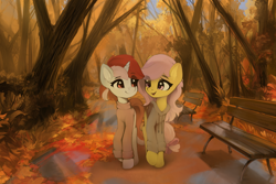 Size: 1920x1280 | Tagged: safe, artist:freeedon, imported from derpibooru, oc, oc only, oc:chelsea, oc:chelsea (rhstrings), oc:ruby, oc:ruby heartstrings (rhstrings), earth pony, pegasus, pony, unicorn, autumn, bench, clothes, duo, female, forest, hoodie, leaves, mare, not fluttershy, path, sweater, tree