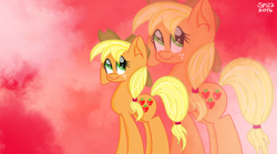 Size: 1440x799 | Tagged: safe, artist:skypaw122, imported from derpibooru, applejack, earth pony, pony, abstract background, eyelashes, female, hat, mare, signature, smiling, zoom layer