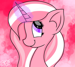 Size: 900x799 | Tagged: safe, artist:skypaw122, imported from derpibooru, oc, oc only, pony, unicorn, abstract background, bust, glowing, glowing horn, horn, signature, smiling, solo, unicorn oc