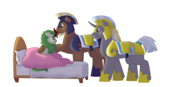 Size: 1280x640 | Tagged: safe, artist:itstechtock, imported from derpibooru, oc, oc only, oc:emerald grove, oc:polished lance, oc:stoutheart, kirin, pony, unicorn, armor, beard, bed, blanket, facial hair, hoof shoes, horn, looking at someone, male, pillow, royal guard, short tail, simple background, stallion, tail, transparent background, trio, unicorn oc