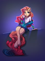 Size: 1516x2048 | Tagged: safe, artist:amishy, imported from derpibooru, oc, oc only, oc:sheron, anthro, unguligrade anthro, unicorn, clothes, cup, drinking, drinking straw, female, not sunset shimmer, shirt, shorts, sitting, solo