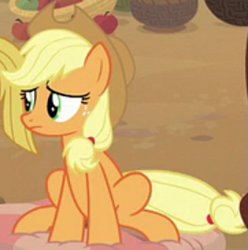 Size: 543x548 | Tagged: safe, imported from derpibooru, screencap, applejack, earth pony, pony, a rockhoof and a hard place, season 8, spoiler:s08, applejack's hat, cowboy hat, cropped, female, hat, mare, offscreen character, sitting, solo focus, stetson
