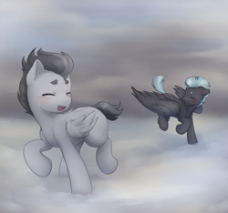 Size: 4147x3876 | Tagged: safe, artist:aquoquoo, imported from derpibooru, rumble, thunderlane, pegasus, pony, absurd resolution, brothers, cloud, colt, cute, duo, duo male, eyes closed, happy, male, open mouth, open smile, rumblebetes, running, siblings, smiling, stallion