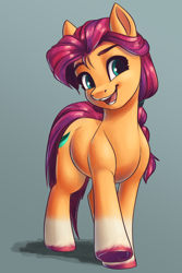 Size: 3000x4500 | Tagged: safe, artist:faline-art, imported from derpibooru, sunny starscout, earth pony, pony, backwards cutie mark, braid, colored hooves, eyebrows, female, g5, mare, open mouth, open smile, raised hoof, smiling, solo, underhoof, unshorn fetlocks, walking