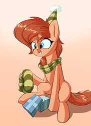Size: 1600x2200 | Tagged: safe, artist:rocket-lawnchair, imported from derpibooru, oc, oc only, oc:rusty gears, earth pony, pony, birthday, clothes, female, freckles, gradient background, hat, heterochromia, mare, party hat, present, scarf, sitting, smiling, socks, solo, striped socks