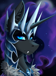 Size: 2000x2692 | Tagged: safe, artist:twotail813, imported from derpibooru, nightmare moon, alicorn, pony, armor, bust, eyeshadow, fangs, female, high res, horn, looking at you, makeup, portrait, solo