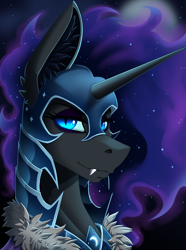 Size: 2000x2692 | Tagged: safe, alternate version, artist:twotail813, imported from derpibooru, nightmare moon, alicorn, pony, armor, bust, eyeshadow, fangs, female, high res, horn, looking at you, makeup, portrait, solo