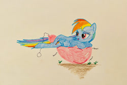 Size: 1280x862 | Tagged: safe, artist:blackwo96777748, imported from derpibooru, rainbow dash, pegasus, pony, balloon, balloon fetish, balloon riding, fetish, grass, onomatopoeia, squeak, that pony sure does love balloons, traditional art