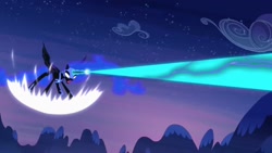 Size: 1920x1080 | Tagged: safe, imported from derpibooru, screencap, nightmare moon, alicorn, pony, princess twilight sparkle (episode), season 4, blast, ethereal hair, ethereal mane, ethereal tail, female, glowing, glowing eyes, glowing horn, helmet, hoof shoes, horn, jewelry, magic, magic blast, mare, peytral, regalia, solo, spread wings, starry mane, tail, wings