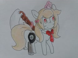 Size: 4128x3096 | Tagged: safe, artist:cherro, imported from derpibooru, oc, oc only, oc:cherry blossom, pony, unicorn, amputee, bowtie, magic, scythe, solo, telekinesis, traditional art