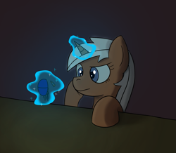 Size: 1597x1392 | Tagged: safe, artist:librarylonging, imported from derpibooru, silver spanner, pony, unicorn, earbuds, magic, magic aura, solo, table