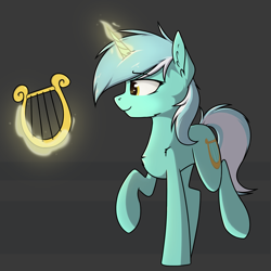 Size: 2137x2137 | Tagged: safe, artist:danger_above, imported from derpibooru, lyra heartstrings, pony, unicorn, ear fluff, female, glowing, glowing horn, high res, horn, levitation, lyre, magic, mare, musical instrument, raised hoof, raised leg, simple background, smiling, solo, standing, standing on two hooves, telekinesis