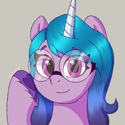 Size: 1156x1156 | Tagged: safe, artist:skylaedits, imported from derpibooru, izzy moonbow, pony, unicorn, bust, eye clipping through hair, eyebrows, eyebrows visible through hair, female, g5, glasses, horn, mare, my little pony: a new generation, portrait, round glasses, scene interpretation, simple background, smiling, solo, unshorn fetlocks, watermark