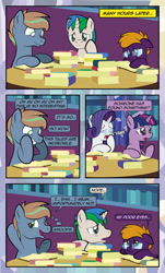 Size: 1920x3169 | Tagged: safe, artist:alexdti, imported from derpibooru, rarity, twilight sparkle, oc, oc:brainstorm (alexdti), oc:purple creativity, oc:star logic, alicorn, pegasus, pony, unicorn, comic:quest for friendship, book, comic, dialogue, duo, duo female, eyes closed, eyeshadow, female, floppy ears, glasses, green eyes, horn, makeup, male, mare, onomatopoeia, open mouth, open smile, pegasus oc, purple eyes, smiling, speech bubble, stallion, thought bubble, tired, trio, twilight sparkle (alicorn), twilight's castle, unicorn oc