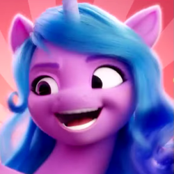 Size: 575x575 | Tagged: safe, imported from derpibooru, screencap, izzy moonbow, pony, unicorn, spoiler:my little pony: a new generation, 3d, bust, cropped, faic, female, g5, horn, mare, my little pony: a new generation, open mouth, open smile, portrait, smiling