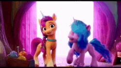 Size: 800x450 | Tagged: safe, edit, edited edit, imported from derpibooru, screencap, izzy moonbow, sunny starscout, earth pony, pony, unicorn, spoiler:my little pony: a new generation, 3d, animated, butt bump, cropped, disguise, duo, duo female, fake horn, female, fit right in (g5), g5, gif, looking at each other, looking at you, my little pony: a new generation, shipping fuel, smiling