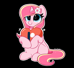 Size: 4018x3693 | Tagged: safe, artist:kittyrosie, imported from derpibooru, oc, oc only, oc:rosa flame, pony, unicorn, black background, blue eyes, cute, eyelashes, floating heart, flower, flower in hair, heart, heart eyes, high res, hoof hold, horn, ocbetes, outline, patreon, patreon logo, signature, simple background, sitting, solo, unicorn oc, white outline, wingding eyes