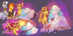 Size: 2332x1160 | Tagged: safe, artist:bunnari, imported from derpibooru, princess celestia, sunburst, sunset shimmer, zecora, pony, equestria girls