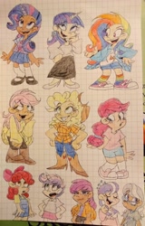 Size: 2666x4160 | Tagged: safe, artist:mirabuncupcakes15, imported from derpibooru, apple bloom, applejack, diamond tiara, fluttershy, pinkie pie, rainbow dash, rarity, scootaloo, silver spoon, sweetie belle, twilight sparkle, human, alternate hairstyle, applejack's hat, boots, clothes, converse, cowboy boots, cowboy hat, cutie mark crusaders, dark skin, eyeshadow, female, flats, freckles, graph paper, grin, hat, high heels, hoodie, horn, horned humanization, humanized, jacket, jeans, makeup, mane six, mane swap, open mouth, pants, rainbow socks, shirt, shoes, shorts, skirt, smiling, socks, striped socks, t-shirt, traditional art, vest, winged humanization, wings