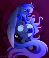 Size: 800x960 | Tagged: safe, artist:buvanybu, imported from derpibooru, princess luna, alicorn, pony, crescent moon, eyes closed, female, mare, moon, pillow, profile, sleeping, solo