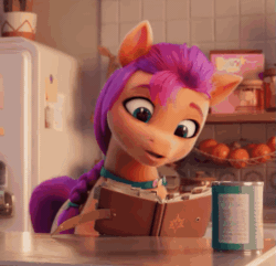 Size: 547x527 | Tagged: safe, imported from derpibooru, screencap, sunny starscout, earth pony, pony, spoiler:g5, spoiler:my little pony: a new generation, animated, beans, book, cropped, cute, female, food, g5, gif, kitchen, my little pony: a new generation, solo, sunnybetes