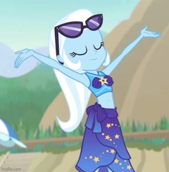 Size: 500x509 | Tagged: safe, imported from derpibooru, screencap, trixie, equestria girls, equestria girls series, forgotten friendship, beach, bikini, clothes, cropped, eyes closed, female, sarong, solo, sunglasses, sunglasses on head, swimsuit