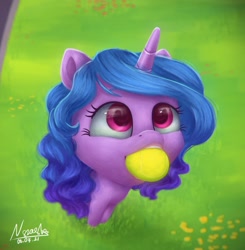 Size: 1174x1200 | Tagged: safe, artist:noashakoshka, imported from derpibooru, izzy moonbow, unicorn, ball, behaving like a dog, g5, izzy's tennis ball, solo, tennis ball