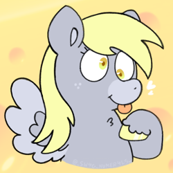 Size: 720x720 | Tagged: safe, artist:sw4g-numer4ls, imported from derpibooru, derpy hooves, pegasus, pony, bust, colored, flat colors, freckles, raised hoof, simple background, solo, spread wings, tongue out, wings, yellow background