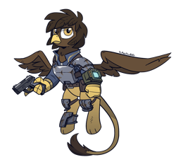 Size: 1600x1467 | Tagged: safe, artist:php104, imported from derpibooru, oc, oc only, griffon, fallout equestria, armor, flying, gun, pipbuck, simple background, weapon