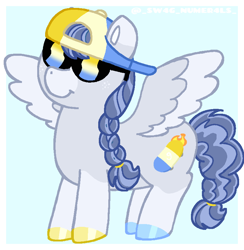 Size: 800x820 | Tagged: safe, artist:sw4g-numer4ls, imported from derpibooru, pegasus, pony, backwards ballcap, baseball cap, battle for dream island, blue background, braid, cap, crossover, hat, nine, nine (battle for dream island), ponified, simple background, skateboard, solo, spread wings, sunglasses, wings