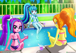 Size: 2000x1400 | Tagged: safe, artist:dieart77, imported from derpibooru, adagio dazzle, aria blaze, sonata dusk, equestria girls, adagio dat-azzle, arse-ia blaze, ass, bare shoulders, barefoot, belly button, bikini, butt, clothes, drinking straw, feet, female, glass, juice, open mouth, sleeveless, swimming pool, swimsuit, the dazzlings, trio