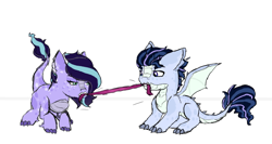 Size: 712x379 | Tagged: safe, artist:alawdulac, imported from derpibooru, oc, oc:frost, oc:jade amethyst, dracony, hybrid, brother and sister, female, foal, interspecies offspring, male, offspring, parent:rarity, parent:spike, parents:sparity, siblings, simple background, tug of war, white background