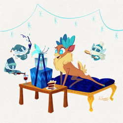 Size: 2250x2250 | Tagged: safe, artist:lindsay towns, imported from derpibooru, deer, reindeer, winter sprite, them's fightin' herds, alcohol, bottle, brush, cake, community related, food, glass, high res, present, simple background, starry eyes, table, velvet (tfh), white background, wine, wine bottle, wine glass, wingding eyes