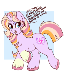 Size: 575x657 | Tagged: safe, artist:lulubell, imported from derpibooru, oc, oc only, oc:supernova sparkle, unicorn, dialogue, ear piercing, earring, female, jewelry, mare, offspring, parent:sunburst, parent:twilight sparkle, parents:twiburst, piercing