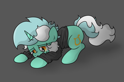 Size: 3438x2281 | Tagged: safe, artist:background basset, imported from derpibooru, lyra heartstrings, pony, unicorn, clothes, depressed, dig the swell hoodie, gray background, high res, hoodie, lying down, simple background, solo