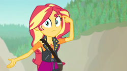 Size: 3410x1920 | Tagged: safe, imported from derpibooru, screencap, sunset shimmer, equestria girls, equestria girls series, forgotten friendship, clothes, cutie mark, cutie mark on clothes, female, geode of empathy, high res, jacket, jewelry, leather, leather jacket, magical geodes, necklace, solo