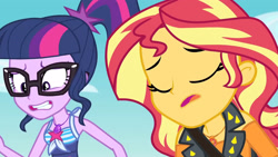 Size: 3410x1920 | Tagged: safe, imported from derpibooru, screencap, sci-twi, sunset shimmer, twilight sparkle, equestria girls, equestria girls series, forgotten friendship, clothes, duo, duo female, eyes closed, female, geode of empathy, geode of telekinesis, glasses, high res, jacket, jewelry, leather, leather jacket, magical geodes, necklace, one-piece swimsuit, open mouth, ponytail, sleeveless, swimsuit, teeth