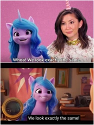 Size: 1500x1999 | Tagged: safe, edit, edited screencap, imported from derpibooru, screencap, izzy moonbow, human, spoiler:my little pony: a new generation, 3d, g5, irl, irl human, kimiko glenn, my little pony: a new generation, photo, subtitles, voice actor, we look exactly the same