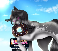 Size: 4096x3559 | Tagged: safe, artist:inisealga, imported from derpibooru, oc, oc only, oc:oretha, earth pony, pony, cloud, coat markings, commission, donut, dunkin donuts, earth pony oc, facial markings, female, food, giant pony, macro, mare, markings, sign, sky, solo, sun