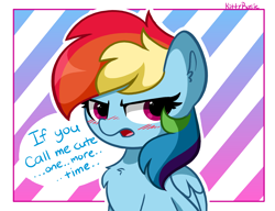 Size: 5440x4178 | Tagged: safe, artist:kittyrosie, imported from derpibooru, rainbow dash, pegasus, pony, abstract background, angry, blushing, chest fluff, cute, dashabetes, denial's not just a river in egypt, female, high res, i'm not cute, madorable, mare, solo, text, tsunderainbow, tsundere