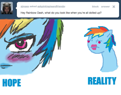 Size: 639x500 | Tagged: safe, artist:askpinkiepieandfriends, imported from derpibooru, rainbow dash, pegasus, pony, ask, blushing, close-up, expectation vs reality, extreme close-up, female, lipstick, mare, rainbow dash is not amused, simple background, solo, tumblr, unamused, white background