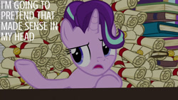 Size: 1280x720 | Tagged: safe, edit, edited screencap, editor:quoterific, imported from derpibooru, screencap, starlight glimmer, pony, unicorn, a matter of principals, season 8, spoiler:s08, book, female, mare, open mouth, scroll, solo