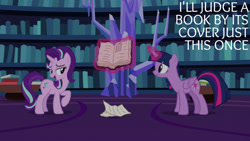 Size: 1280x720 | Tagged: safe, edit, edited screencap, editor:quoterific, imported from derpibooru, screencap, starlight glimmer, twilight sparkle, alicorn, pony, unicorn, fame and misfortune, book, duo, duo female, female, glowing, glowing horn, horn, magic, magic aura, mare, open mouth, telekinesis, twilight sparkle (alicorn), twilight's castle